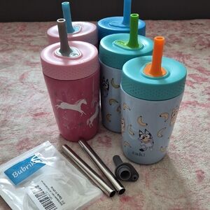 Kids Unicorn and Cartoon Straw Cups with Silicone Lid - Pink & Light Blue